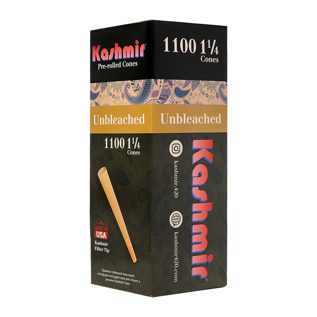 Kashmir Unbleached 1¼ Size Pre-Rolled Cones 1100-count bulk box made in USA, brown natural paper cones with built-in filter tips.