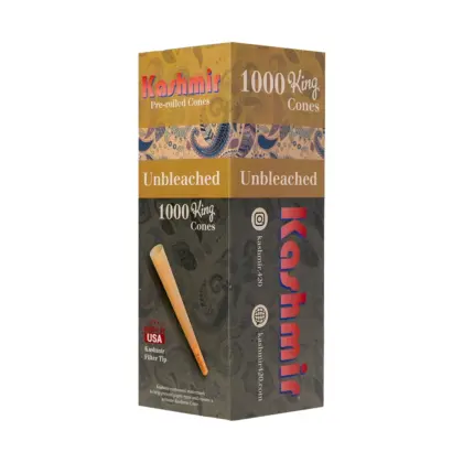 Kashmir Unbleached King Size 1000-count bulk box showing pre-rolled cones made from natural unbleached paper with Kashmir filter tips.