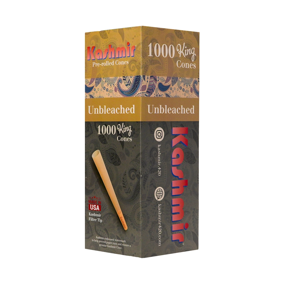 Kashmir Unbleached King Size 1000-count bulk box showing pre-rolled cones made from natural unbleached paper with Kashmir filter tips.