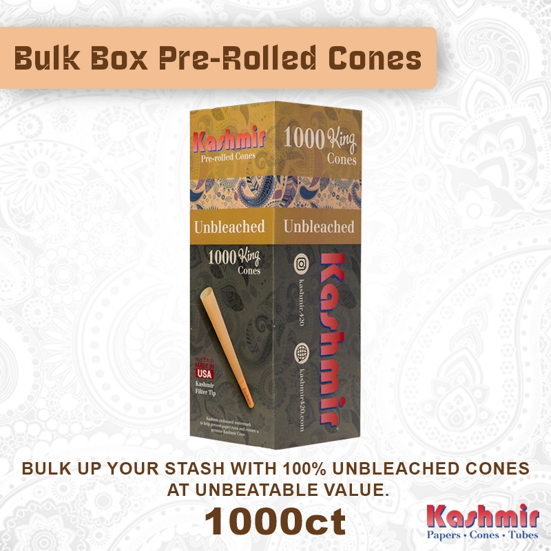 Kashmir Unbleached Cones Bulk Box 1000 count showing King Size pre-rolled cones made from natural brown paper branding with Kashmir Rolling Paper.
