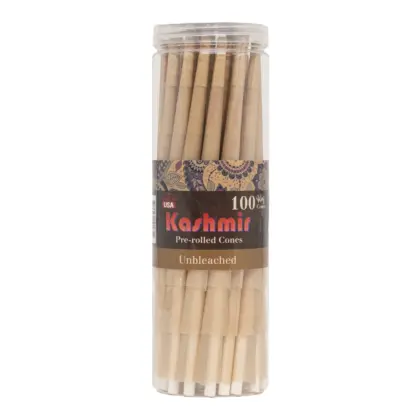 Kashmir Unbleached King Size Cones 100 count pre rolles in a jar, showing stacked pre-rolled natural brown cones with Kashmir420 brand and Made in USA label.