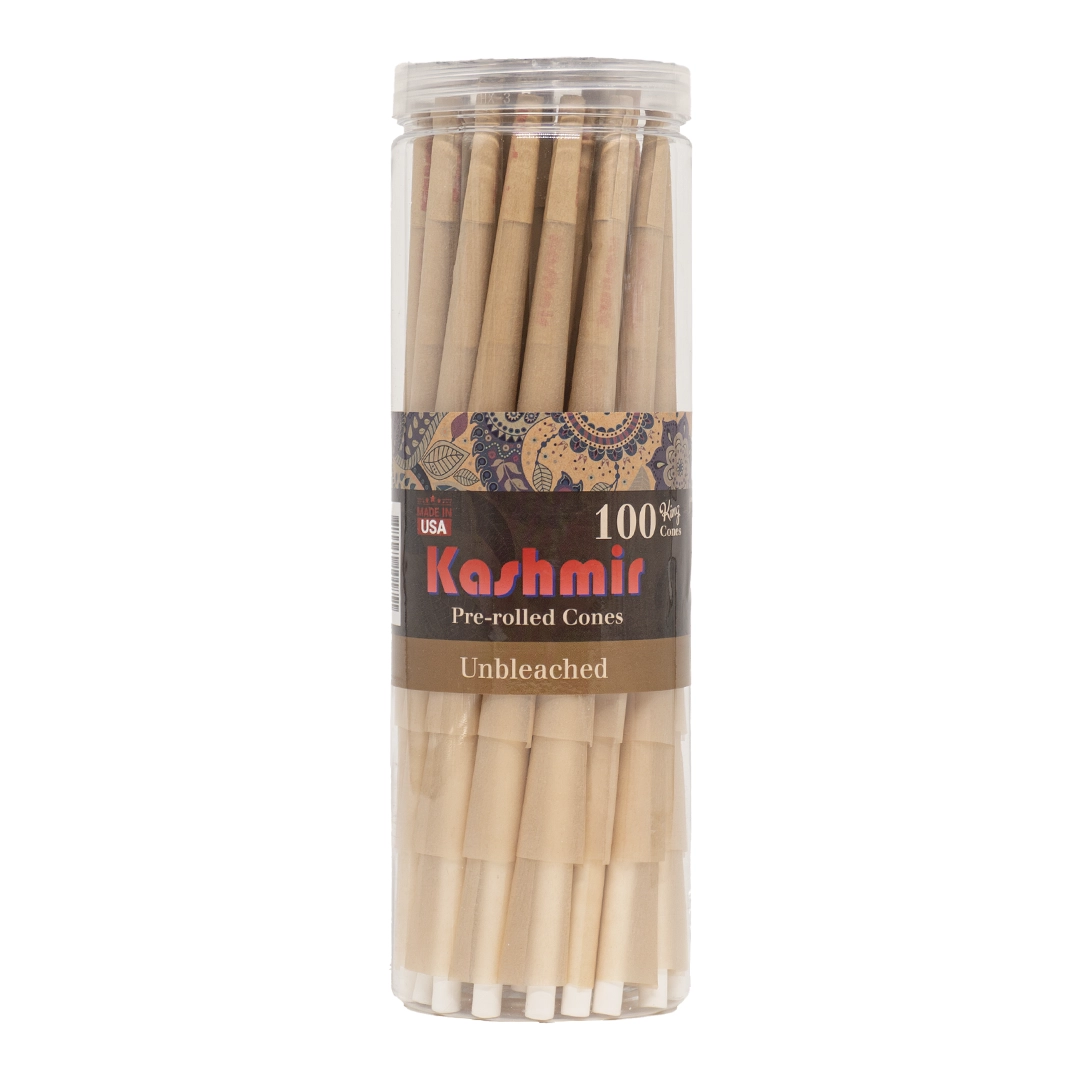 Kashmir Unbleached King Size Cones 100 count pre rolles in a jar, showing stacked pre-rolled natural brown cones with Kashmir420 brand and Made in USA label.