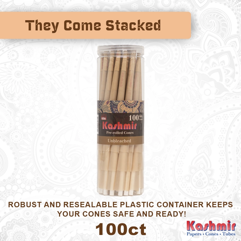 Lifestyle image of Kashmir Unbleached King Size Cones 100 count jar with text “They Come Stacked” highlighting resealable storage and neat organization.