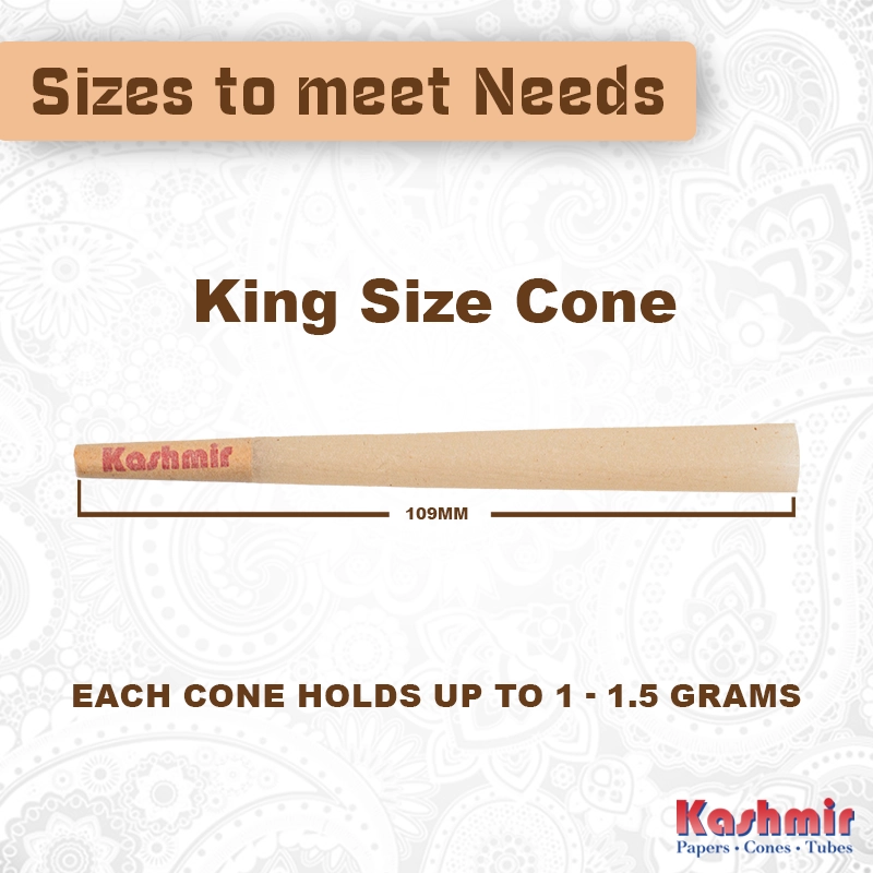 Kashmir King Size 109mm unbleached pre-rolled cone made from natural brown unrefined paper, showing measurement and capacity up to 1.5 grams.