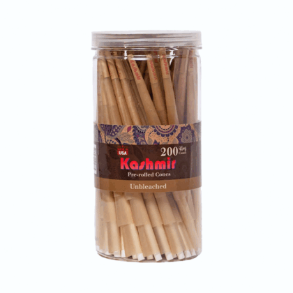 Kashmir Unbleached King Size Cones 200 ct jar filled with stacked pre-rolled natural brown cones, showing the Kashmir logo and Made in USA label.