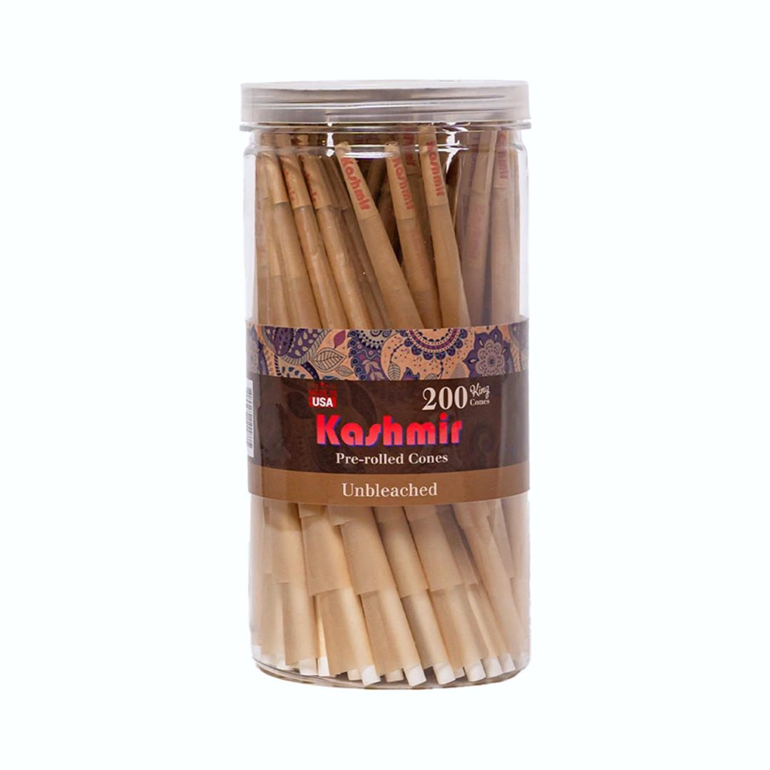 Kashmir Unbleached King Size Cones 200 ct jar filled with stacked pre-rolled natural brown cones, showing the Kashmir logo and Made in USA label.