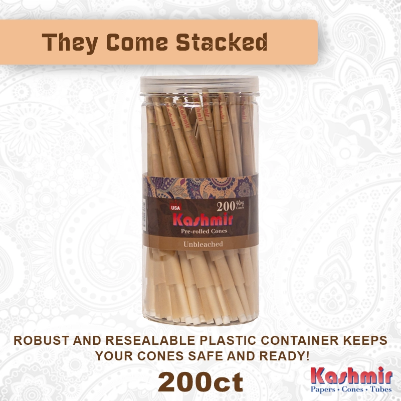Lifestyle image of Kashmir Unbleached King Size Cones 200 ct jar with text “They Come Stacked,” showing the resealable storage and stacked cone design.