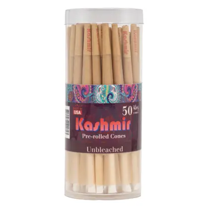 Kashmir Unbleached King Size Cones 50 count jar showing pre-rolled natural brown cones with Kashmir logo and Made in USA label.