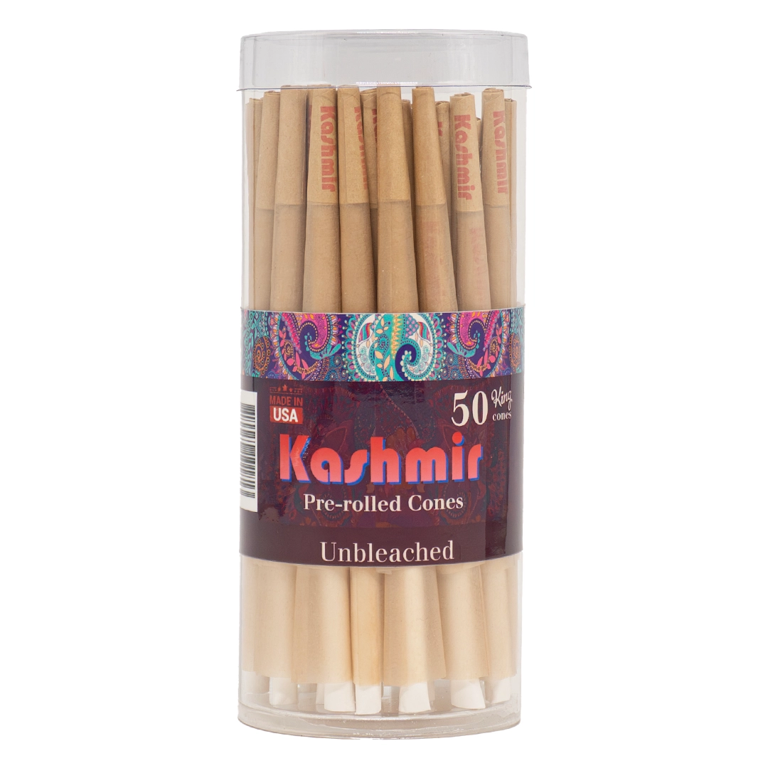 Kashmir Unbleached King Size Cones 50 count jar showing pre-rolled natural brown cones with Kashmir logo and Made in USA label.