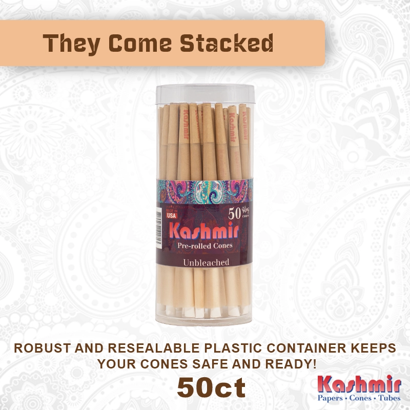 Kashmir Unbleached King Size Cones 50ct jar with text showing “They Come Stacked” and product description.