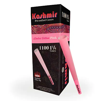 Bulk box containing 1,100 pink 1 1/4 pre-rolled cones ready to fill and use