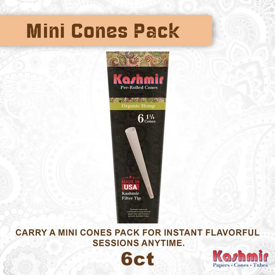 Kashmir Organic Hemp 6 pack of 1 1/4 size pre-rolled cones, made from unbleached hemp paper with built-in filter tips for smooth, flavorful sessions.