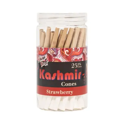 Jar of twenty-five 1¼-size strawberry-flavored pre-rolled smoking cones (Pre Rolled Cones) ready to fill and enjoy