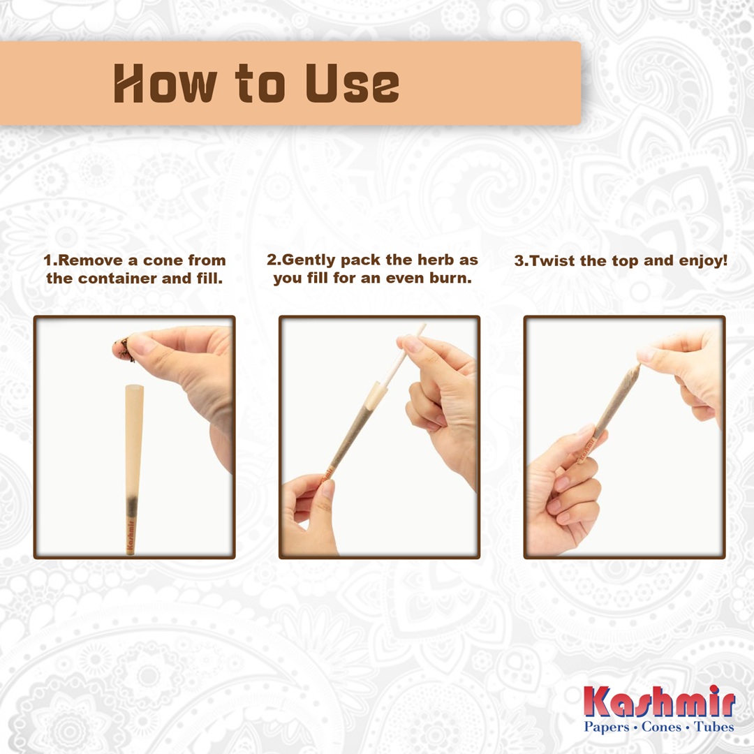 How to pack pre roll joint with 3 simple steps: fill an hemp cone with smokeable materials, gently tamp with the packing stick, then twist the tip to finish.