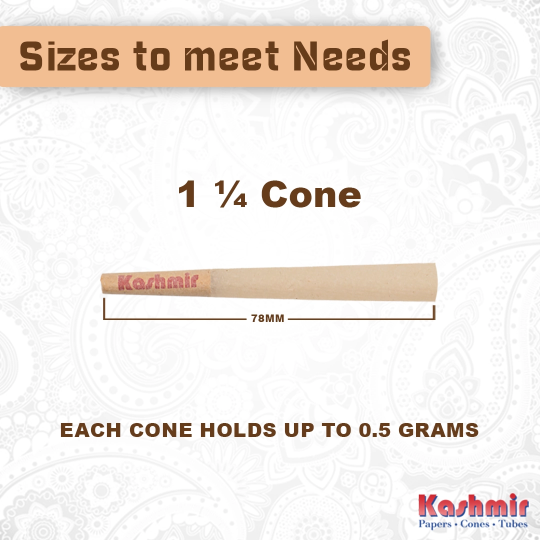 Kashmir Bamboo 1 1/4 cone size guide showing 78 mm length; each cone holds up to 0.5 grams.