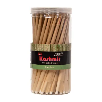 Kashmir Bamboo 1 1/4 pre-rolled cones, 200-count in a clear resealable jar with “Made in USA” label.