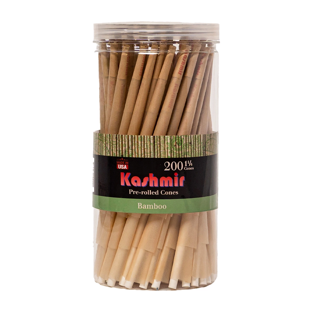 Kashmir Bamboo 1 1/4 pre-rolled cones, 200-count in a clear resealable jar with “Made in USA” label.
