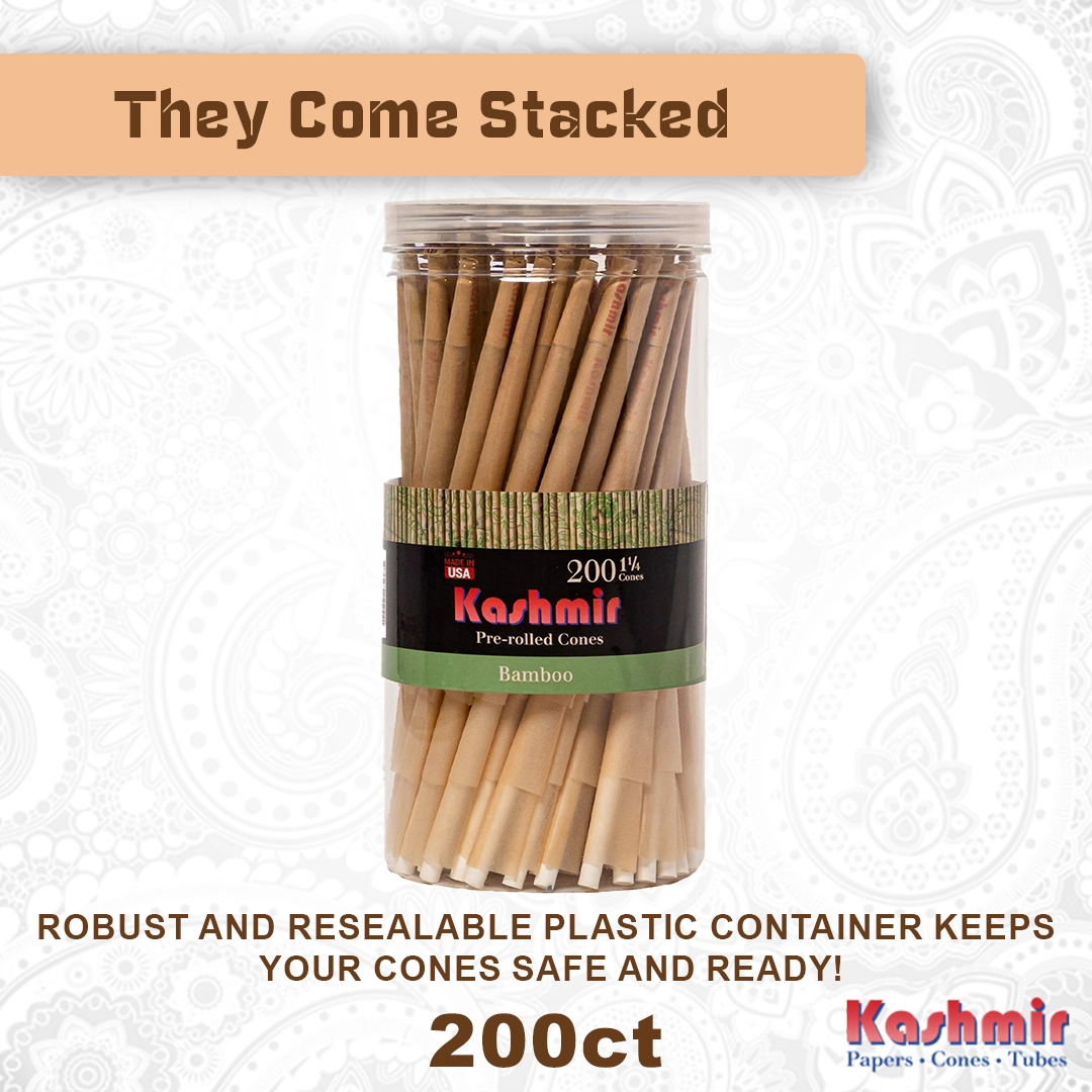 Lifestyle product image showing 200-count jar of Kashmir Bamboo 1 1/4 cones with headline “They Come Stacked.”