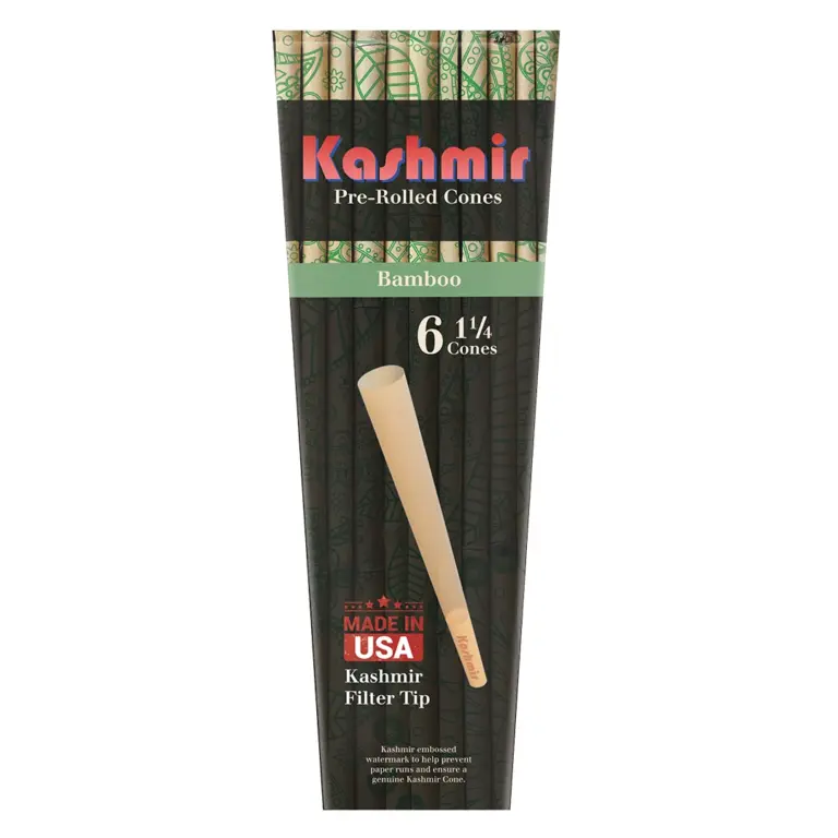 Kashmir Bamboo 1 1/4 size cones — 6 pre-rolled cones pack with Kashmir filter tip, Made in USA; retail pack.