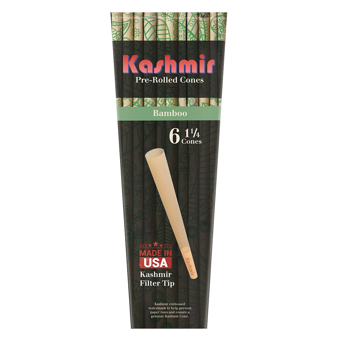 Kashmir Bamboo 1 1/4 size cones — 6 pre-rolled cones pack with Kashmir filter tip, Made in USA; retail pack.