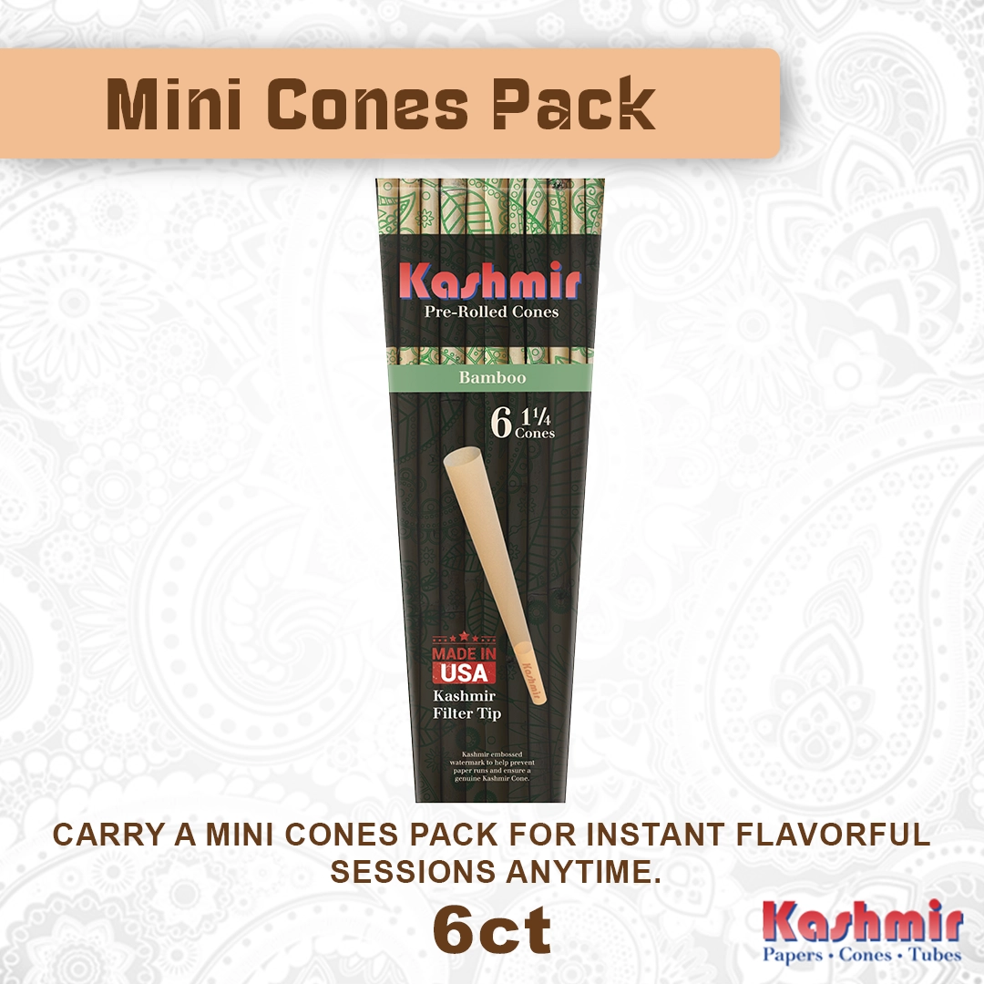 Kashmir Bamboo 1¼ pre-rolled cones mini pack, 6-count; front of retail pack with “Made in USA” badge.