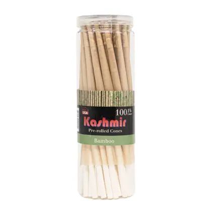 Kashmir Bamboo 1 1/4 Size Cones, 100 count jar showing natural bamboo pre-rolled cones with W-filters in a resealable clear container, made in the USA.
