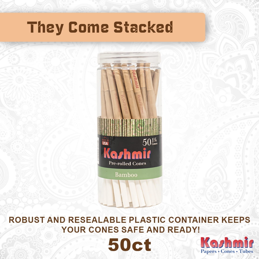 Actual Image of Kashmir Bamboo 1 1/4 Size Cones 50 count jar with text “They Come Stacked,” showing natural bamboo pre-rolled cones in a resealable plastic container.