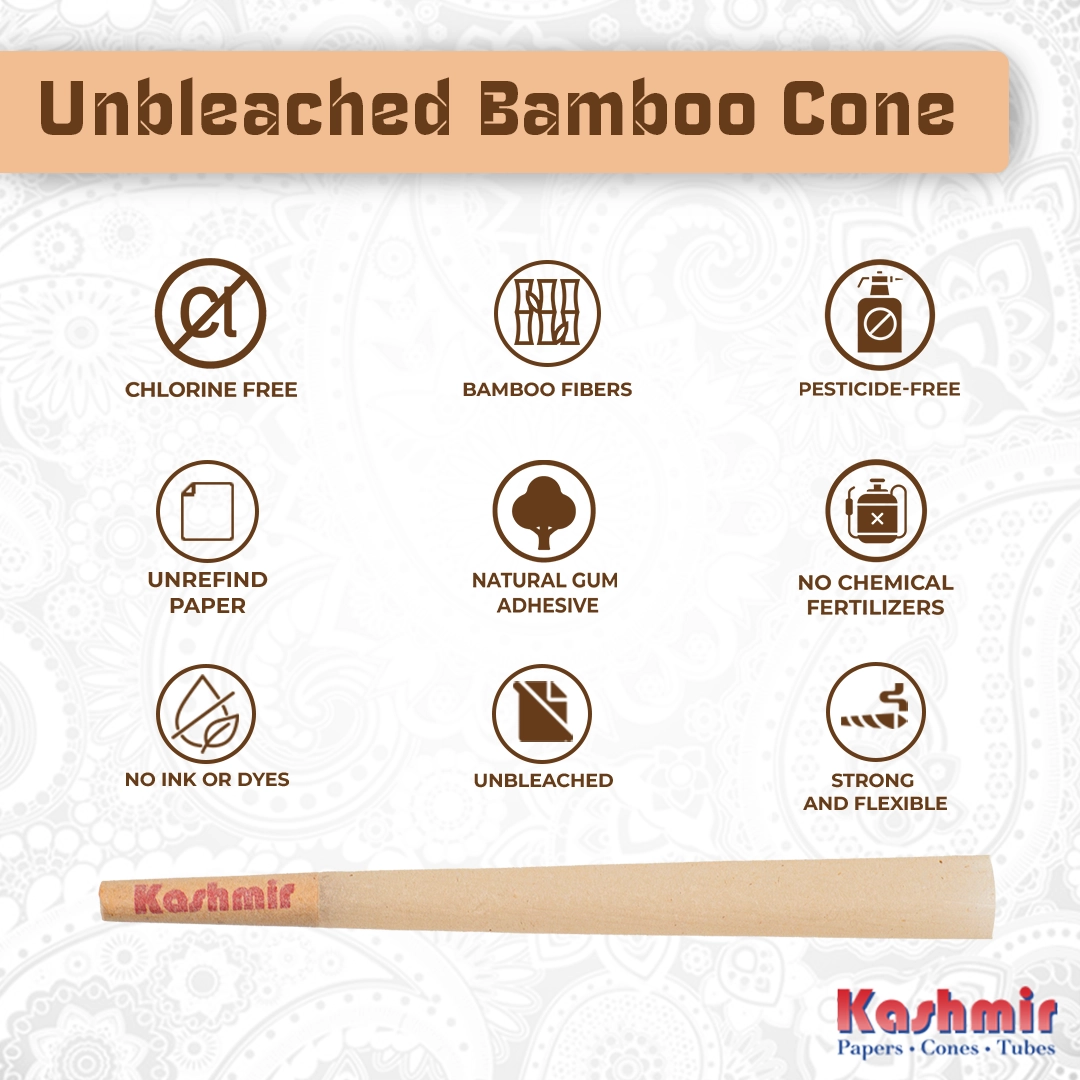 Kashmir unbleached bamboo cone showing icons for chlorine free, bamboo fibers, pesticide-free, unrefined paper, natural gum adhesive, no chemical fertilizers, no ink or dyes, unbleached, and strong & flexible; cone pictured at bottom.