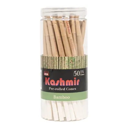 Kashmir Bamboo Cones 1 1/4 Size 50 count jar showing natural bamboo pre-rolled cones with Kashmir filter tips in a clear resealable container made in the USA.