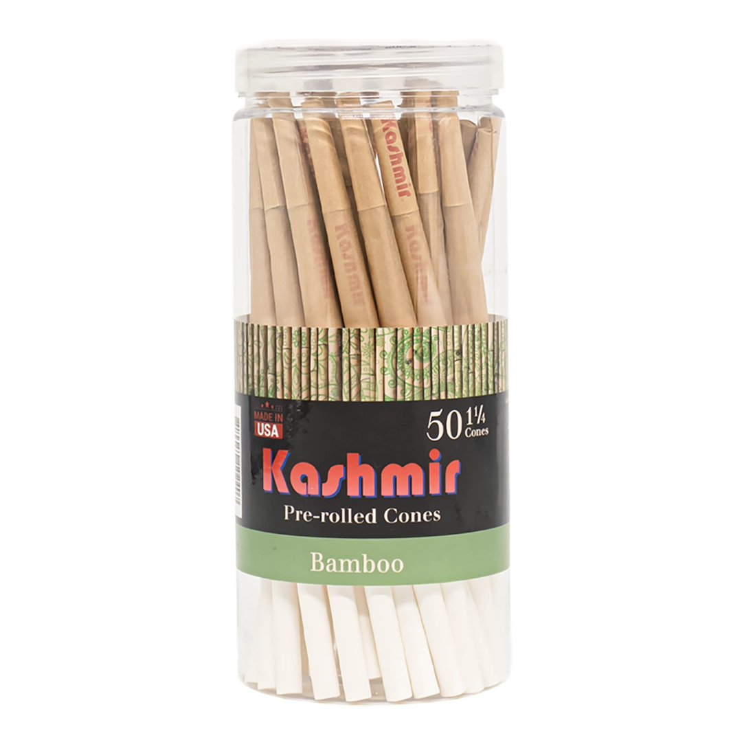 Kashmir Bamboo Cones 1 1/4 Size 50 count jar showing natural bamboo pre-rolled cones with Kashmir filter tips in a clear resealable container made in the USA.