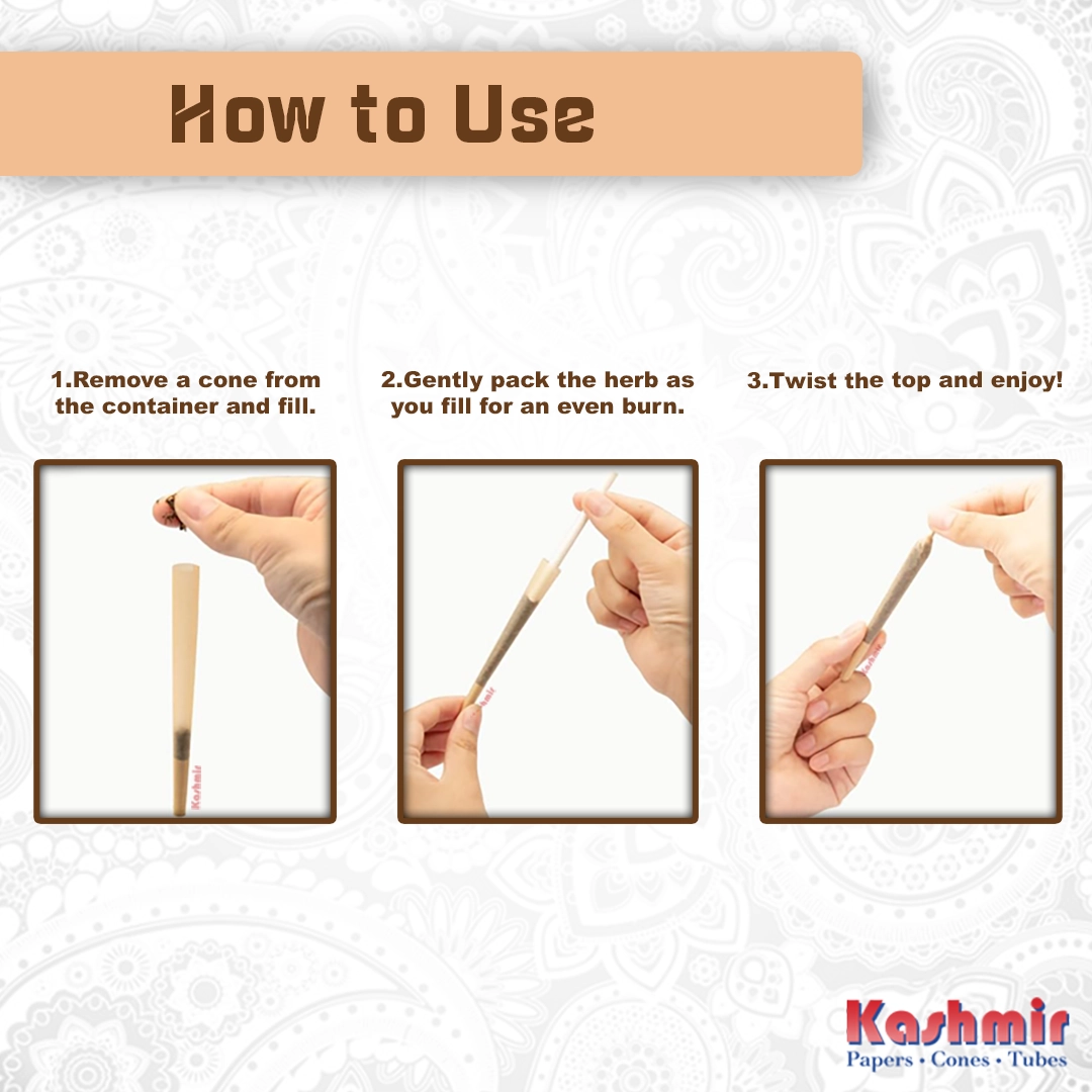 How-to graphic for Kashmir Bamboo king cones showing three steps: remove and fill, gently pack with the stick, then twist the top and enjoy.