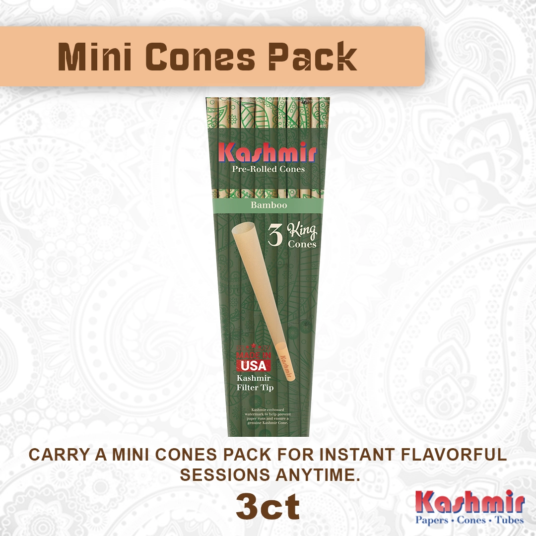 Kashmir Bamboo pre-rolled king cones mini pack, 3-count; front of retail pack with “Made in USA” badge.