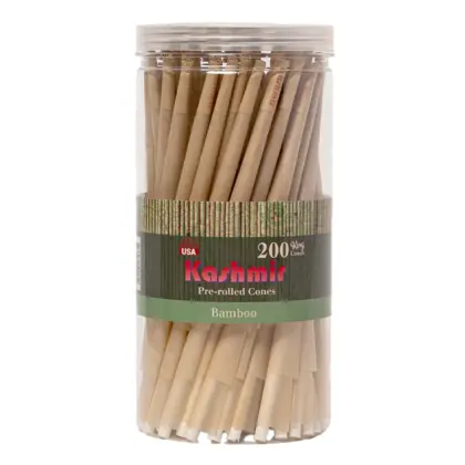 Kashmir Bamboo king-size pre-rolled cones, 200-count in a clear resealable jar with “Kashmir Pre-rolled Cones,” “Bamboo,” and a small “Made in USA” badge on the label.