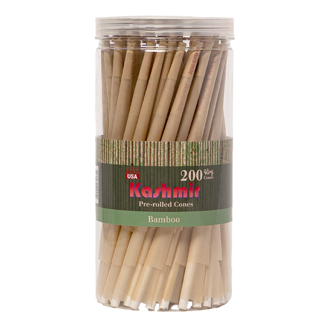 Kashmir Bamboo king-size pre-rolled cones, 200-count in a clear resealable jar with “Kashmir Pre-rolled Cones,” “Bamboo,” and a small “Made in USA” badge on the label.