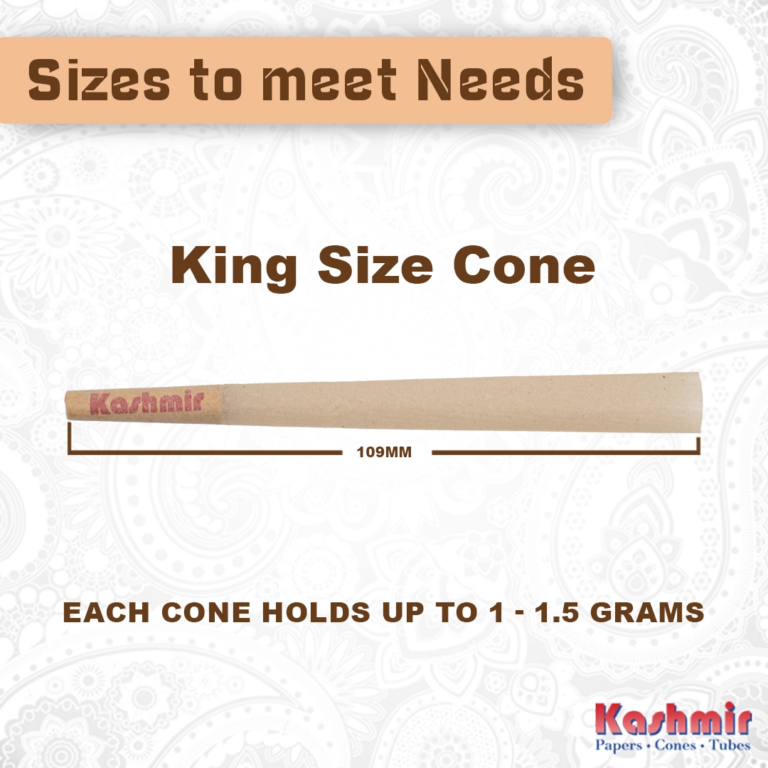 Kashmir Bamboo king size cone size guide showing 109 mm length; each cone holds 1 to 1.5 grams.