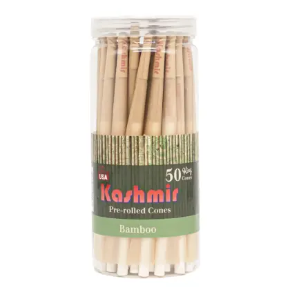 Kashmir Bamboo King Size Cones, 109mm 50 count cones in a jar showing natural bamboo pre-rolled cones with tips in a resealable container, made in the USA.