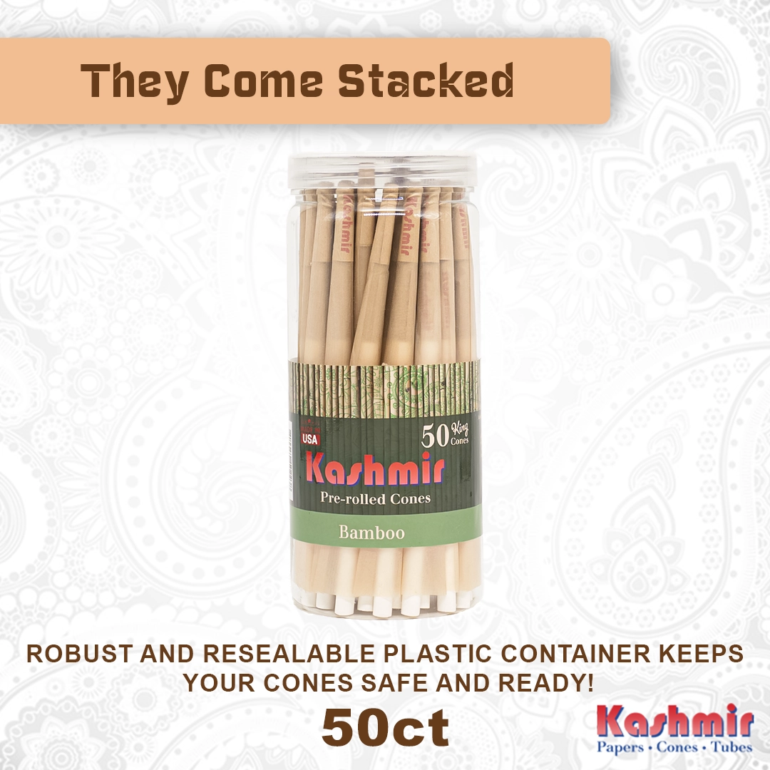 Kashmir Bamboo King Size Cones, 109mm 50 count cones in a jar with “They Come Stacked” banner showing natural bamboo pre-rolled cones neatly packed in a resealable container, made in the USA.