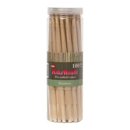 A Jar of Kashmir Bamboo King Size pre-rolled cones, 100-count, 109 mm, unbleached bamboo rolling paper cones with tips in a resealable clear container, made in the USA.