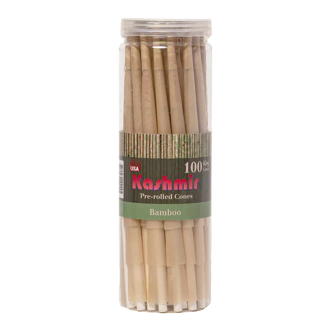 A Jar of Kashmir Bamboo King Size pre-rolled cones, 100-count, 109 mm, unbleached bamboo rolling paper cones with tips in a resealable clear container, made in the USA.