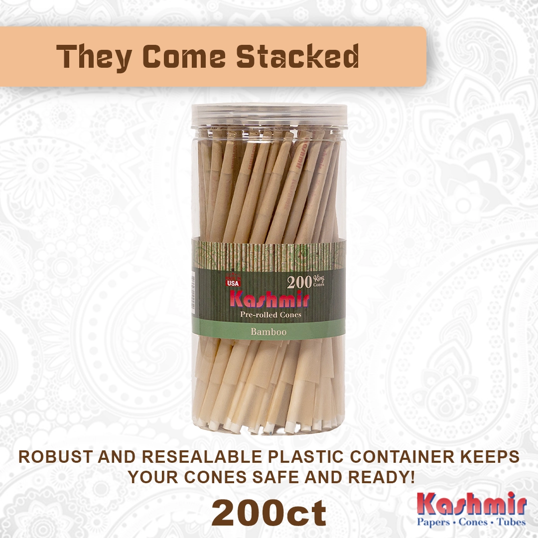 Lifestyle Image showing a 200-count jar of Kashmir Bamboo king-size pre-rolled cones with “They Come Stacked” headline; resealable plastic container, Made in USA.