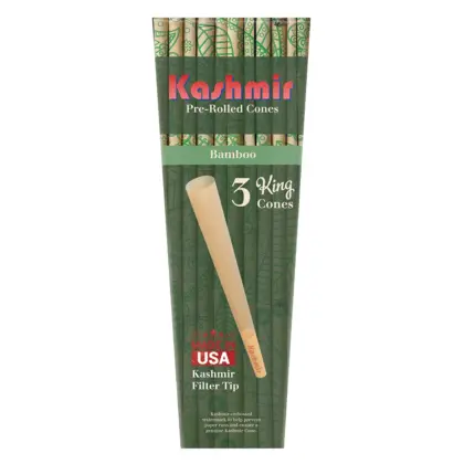 Kashmir Bamboo pre-rolled cones, 3 king-size (109 mm smoking cones) pure bamboo fibre, unbleached -unrefined paper — retail pack front; Made in USA.