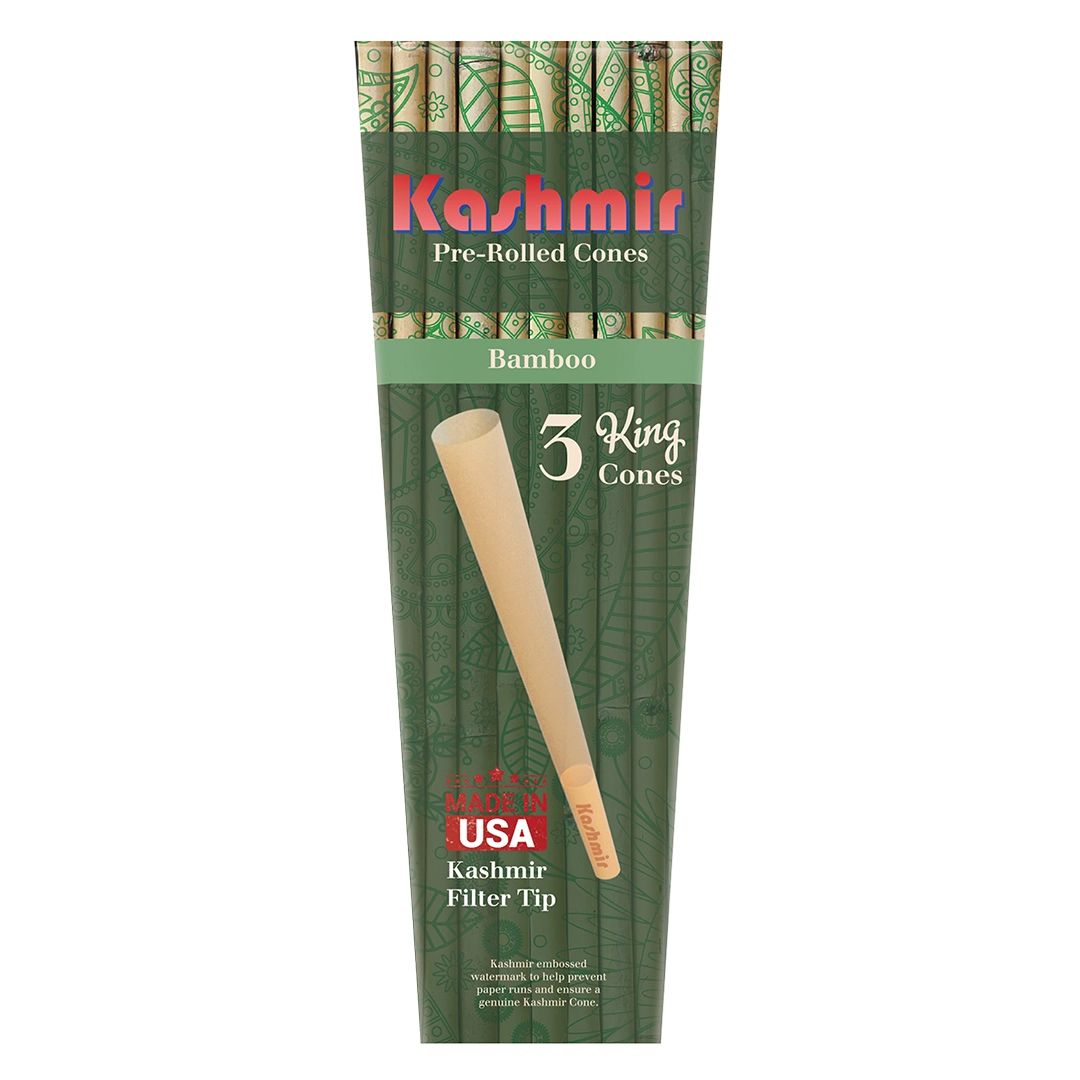 Kashmir Bamboo pre-rolled cones, 3 king-size (109 mm smoking cones) pure bamboo fibre, unbleached -unrefined paper — retail pack front; Made in USA.