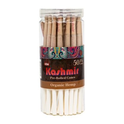Kashmir 1¼ size Hemp cones - include 50ct Organic Hemp pre rolled Cones in a transparent container.