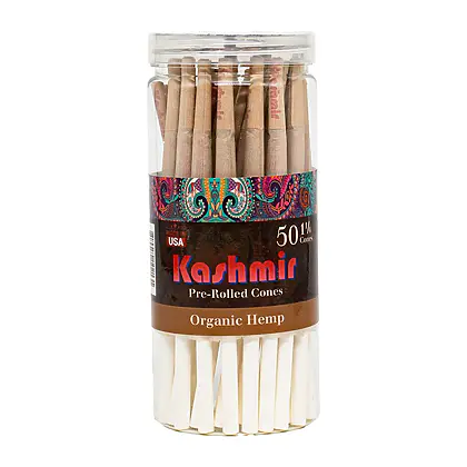 Kashmir 1¼ size Hemp cones - include 50ct Organic Hemp pre rolled Cones in a transparent container.