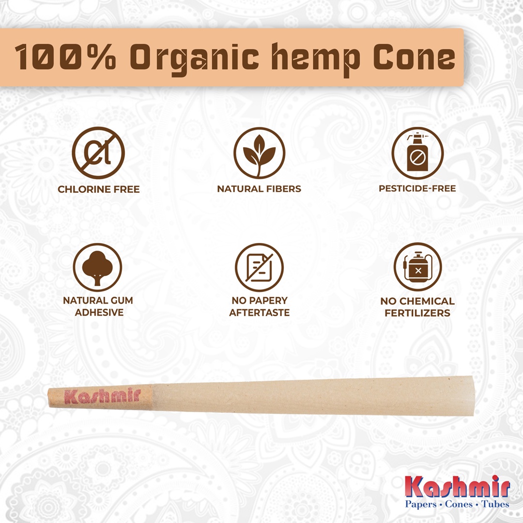 Kashmir organic hemp cone with unbleached and unrefines process icons for chlorine-free paper, natural fibers, pesticide-free, natural gum seal, no aftertaste, and no chemical fertilizers.