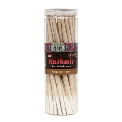 Kashmir 1¼ Size Hemp Cones – 100 Count hemp Pre-Rolled Cones in a clear Jar - 100% Organic and unrefined. Buy from Kashmir Rolling Papers, Online Smoke Shop, USA.