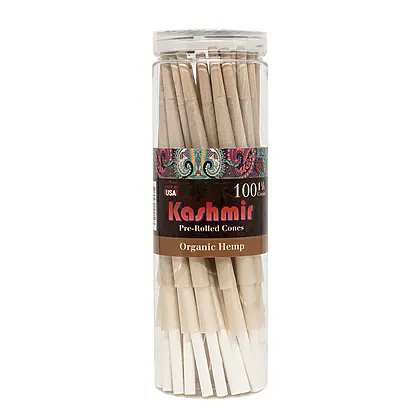 Kashmir 1¼ Size Hemp Cones – 100 Count hemp Pre-Rolled Cones in a clear Jar - 100% Organic and unrefined. Buy from Kashmir Rolling Papers, Online Smoke Shop, USA.
