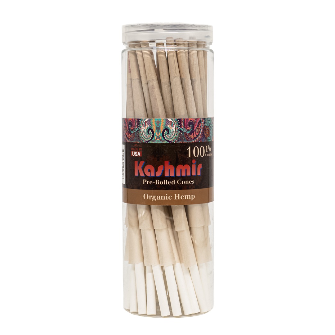 Kashmir 1¼ Size Hemp Cones – 100 Count hemp Pre-Rolled Cones in a clear Jar - 100% Organic and unrefined. Buy from Kashmir Rolling Papers, Online Smoke Shop, USA.