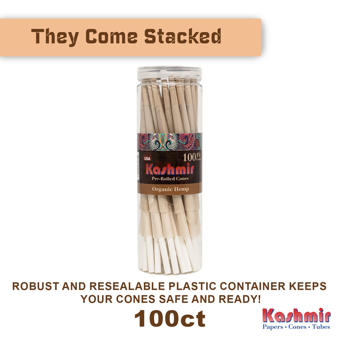 Kashmir 1¼ size mini Hemp Cones - 100ct, Include 100 count hemp pre rolled cones, comes in resealable clear stacked jar with Organic Hemp and Made in USA label.