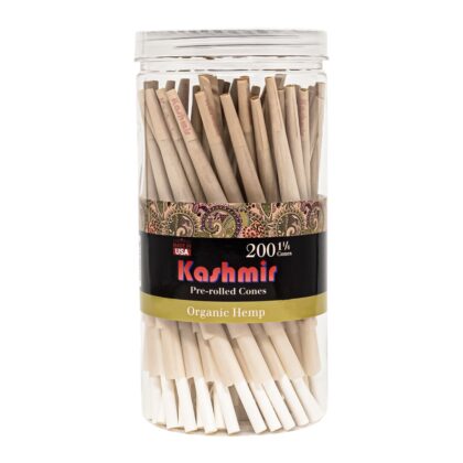 Kashmir Organic Hemp 1¼ Size pre-rolled cones 200 count jar with clear resealable lid and paisley label, Made in USA.